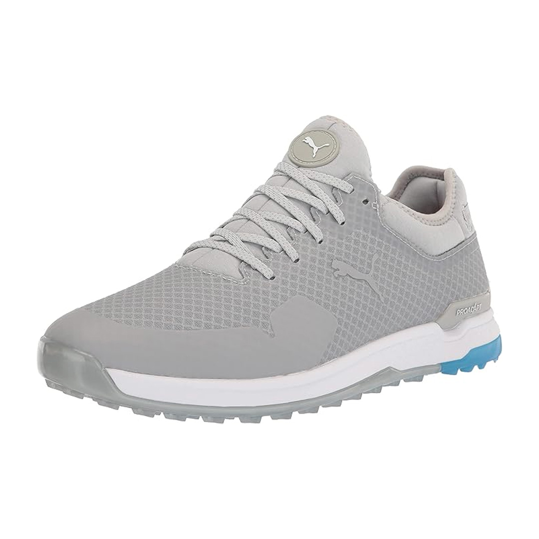 The Puma Proadapt Alphacat Golf Shoes in High Rise/Puma Silver/Ibiza Blue are on sale right now at Amazon
